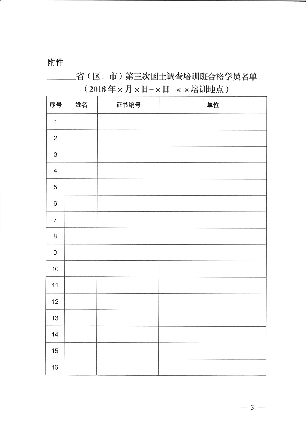 关于报送各省（区、市）第三次国土调查培训合格人员名单的函