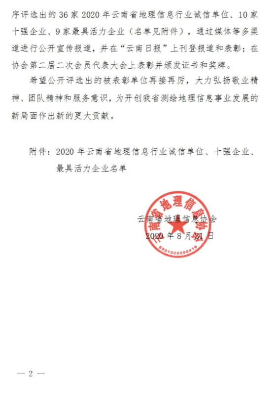 公司荣获2020年度云南省地理信息行业“诚信单位”称号